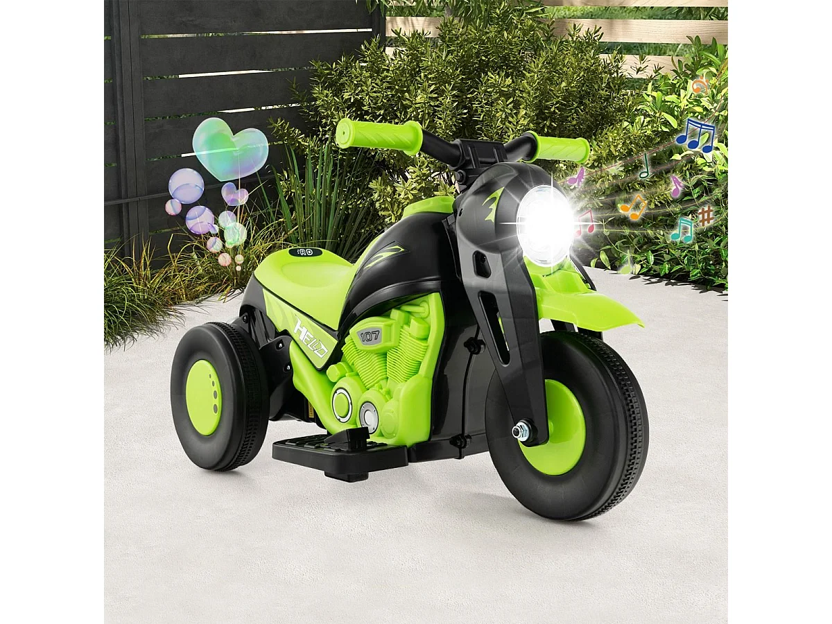 Moto Électrique 6V pour Enfants avec 3 Roues Scooter avec Créateur de Bulles Klaxon Musique et Lumières 3 Ans + Vert