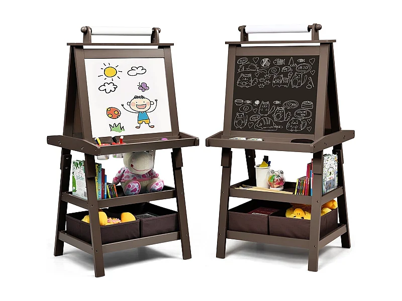 Cavalletto double face 3 in 1 per bambini, Treppiede con lavagna bianca e nera e rotolo di carta, Caffè