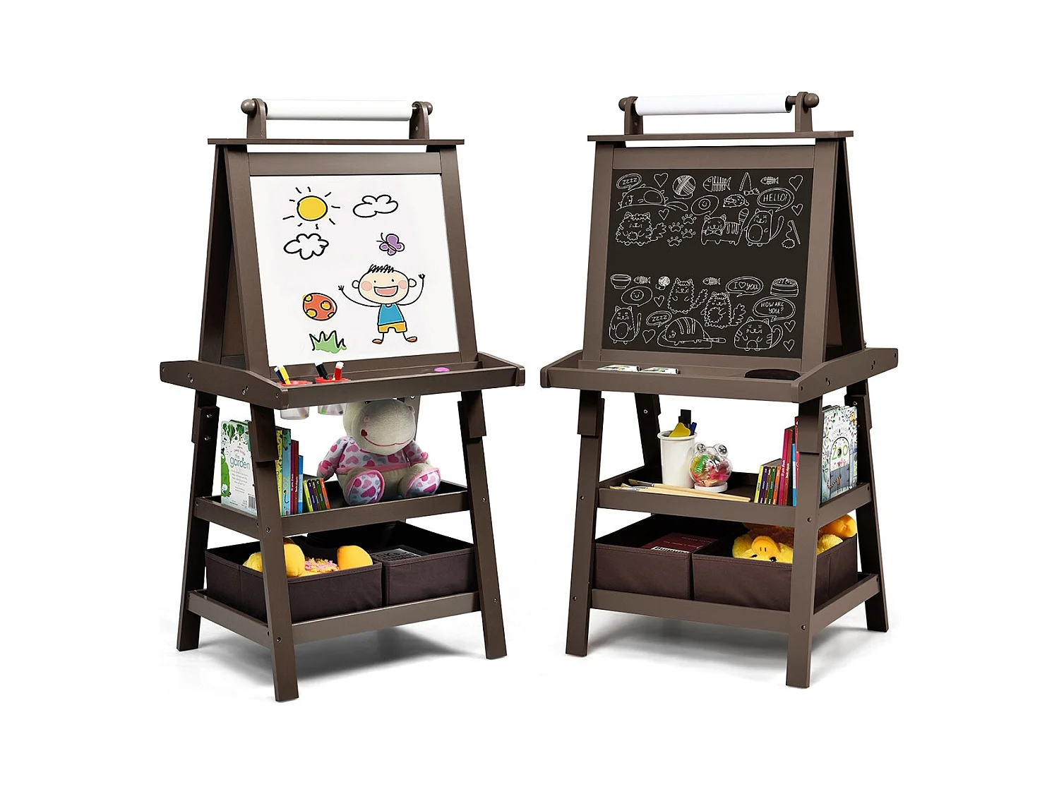 Chevalet pour Enfants 3 en 1 Tableau de Dessin Magnétique Double Faces (Tableau Blanc + Tableau Noir) Café