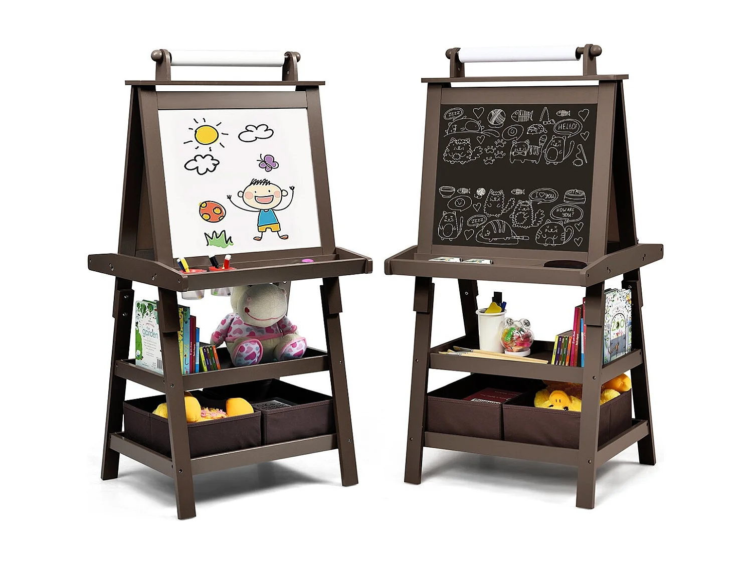 Cavalletto double face 3 in 1 per bambini, Treppiede con lavagna bianca e nera e rotolo di carta, Caffè