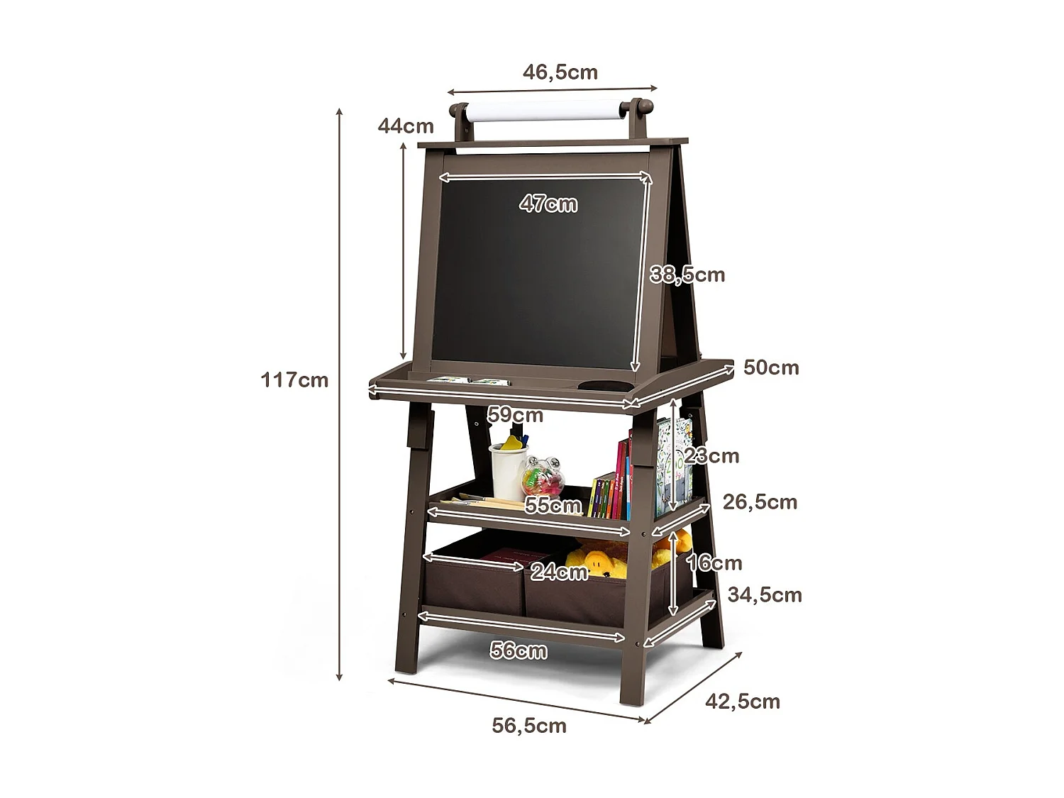 Cavalletto double face 3 in 1 per bambini, Treppiede con lavagna bianca e nera e rotolo di carta, Caffè