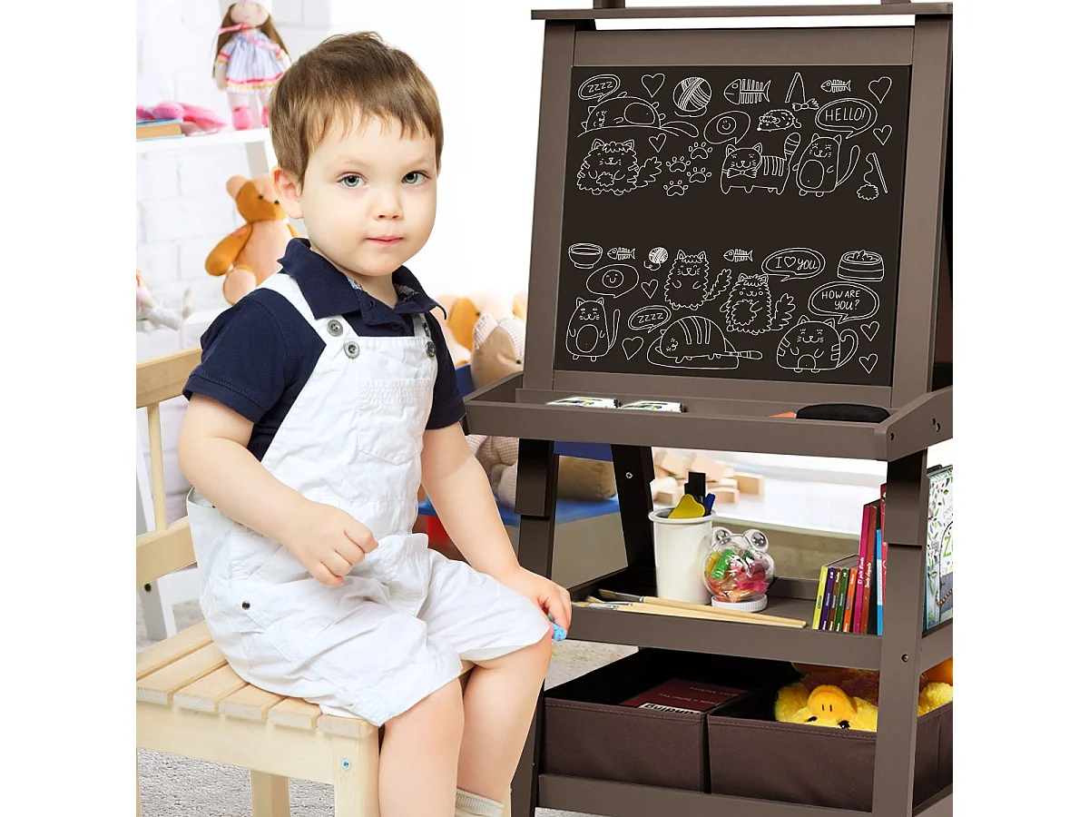 Cavalletto double face 3 in 1 per bambini, Treppiede con lavagna bianca e nera e rotolo di carta, Caffè