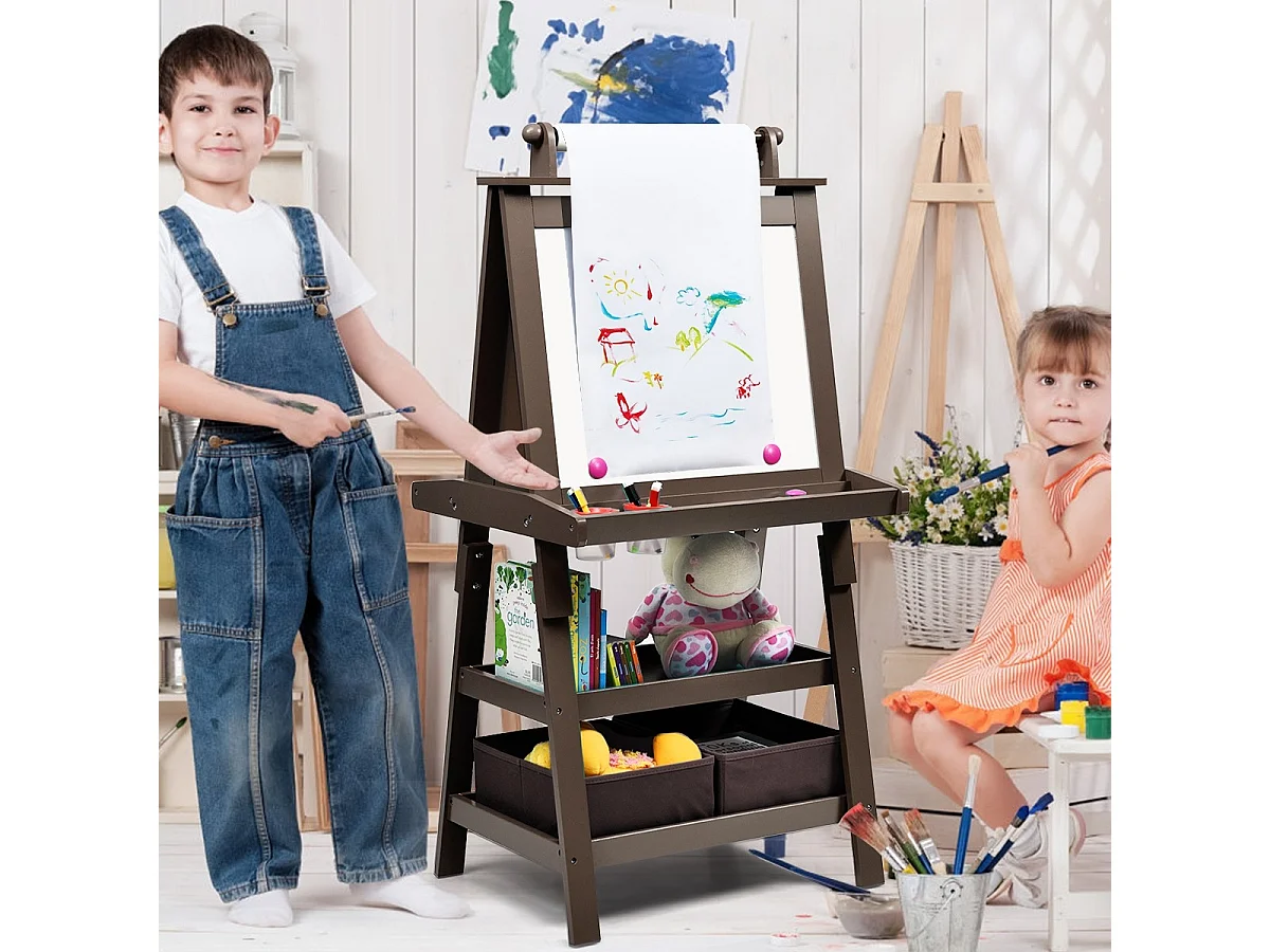 Cavalletto double face 3 in 1 per bambini, Treppiede con lavagna bianca e nera e rotolo di carta, Caffè