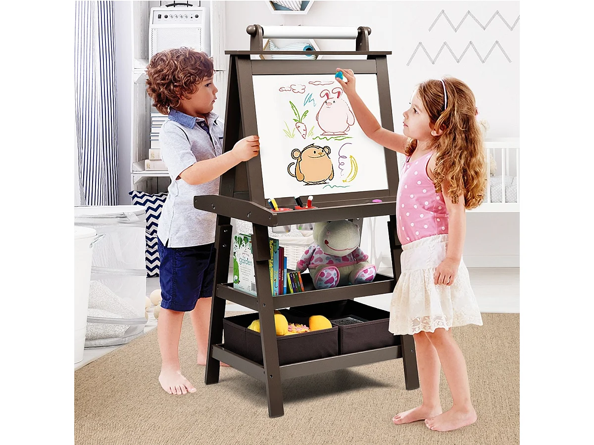 Cavalletto double face 3 in 1 per bambini, Treppiede con lavagna bianca e nera e rotolo di carta, Caffè