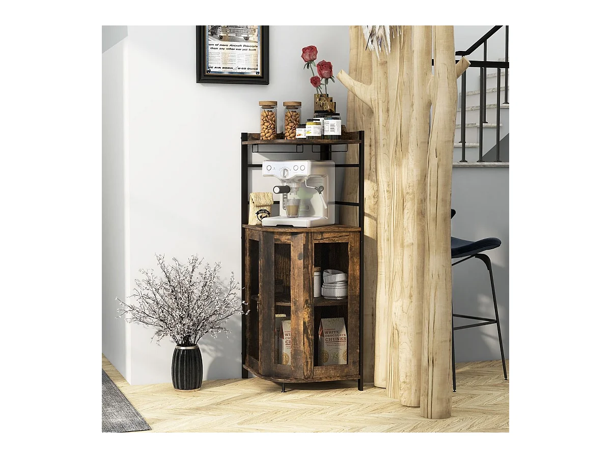 Eck-Barschrank mit Glashalter & Metallgittertüren & Verstellbarem Regal Weinschrank Braun