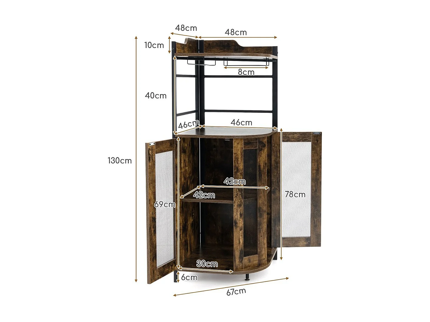 Buffet de Cuisine Industriel avec Porte en Maille Métallique 46x46x130 CM Armoire d'Angle avec Porte-verres Étagère Réglable Brun