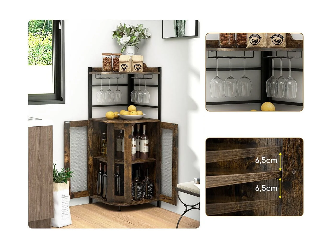 Buffet de Cuisine Industriel avec Porte en Maille Métallique 46x46x130 CM Armoire d'Angle avec Porte-verres Étagère Réglable Brun
