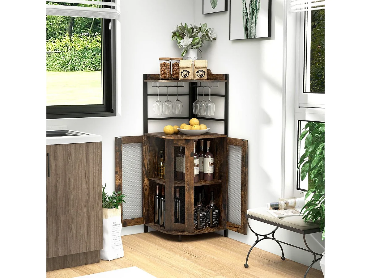 Buffet de Cuisine Industriel avec Porte en Maille Métallique 46x46x130 CM Armoire d'Angle avec Porte-verres Étagère Réglable Brun