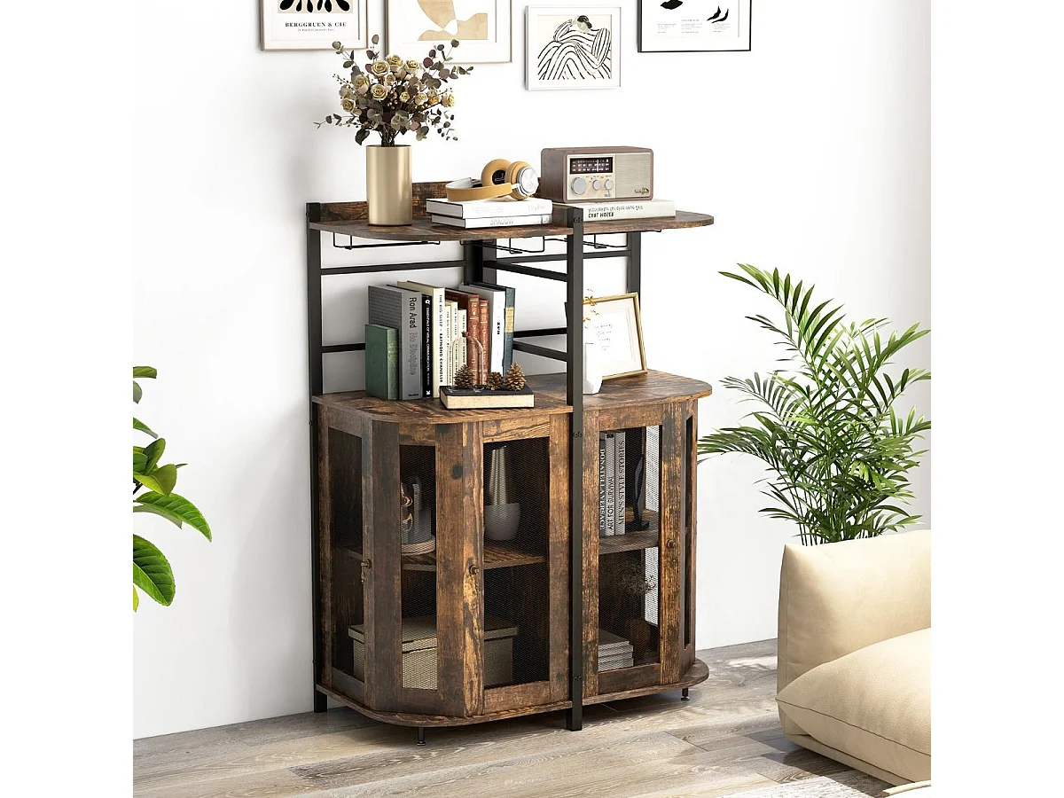 Buffet de Cuisine Industriel avec Porte en Maille Métallique 46x46x130 CM Armoire d'Angle avec Porte-verres Étagère Réglable Brun