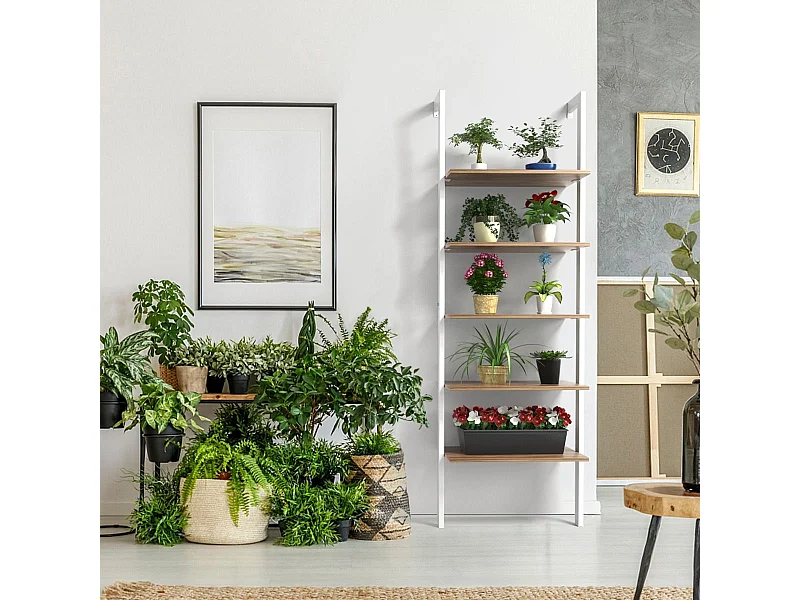 Libreria a 5 piani a parete in metallo da soggiorno, Scala porta oggetti bagno 183x30x61cm Bianco