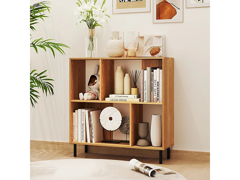 Bibliothèque à 4 Cubes Étagère à 2 Niveaux avec Pieds en Métal Étagère de Rangement Horizontale Étagère d'Affichage Cube Naturel