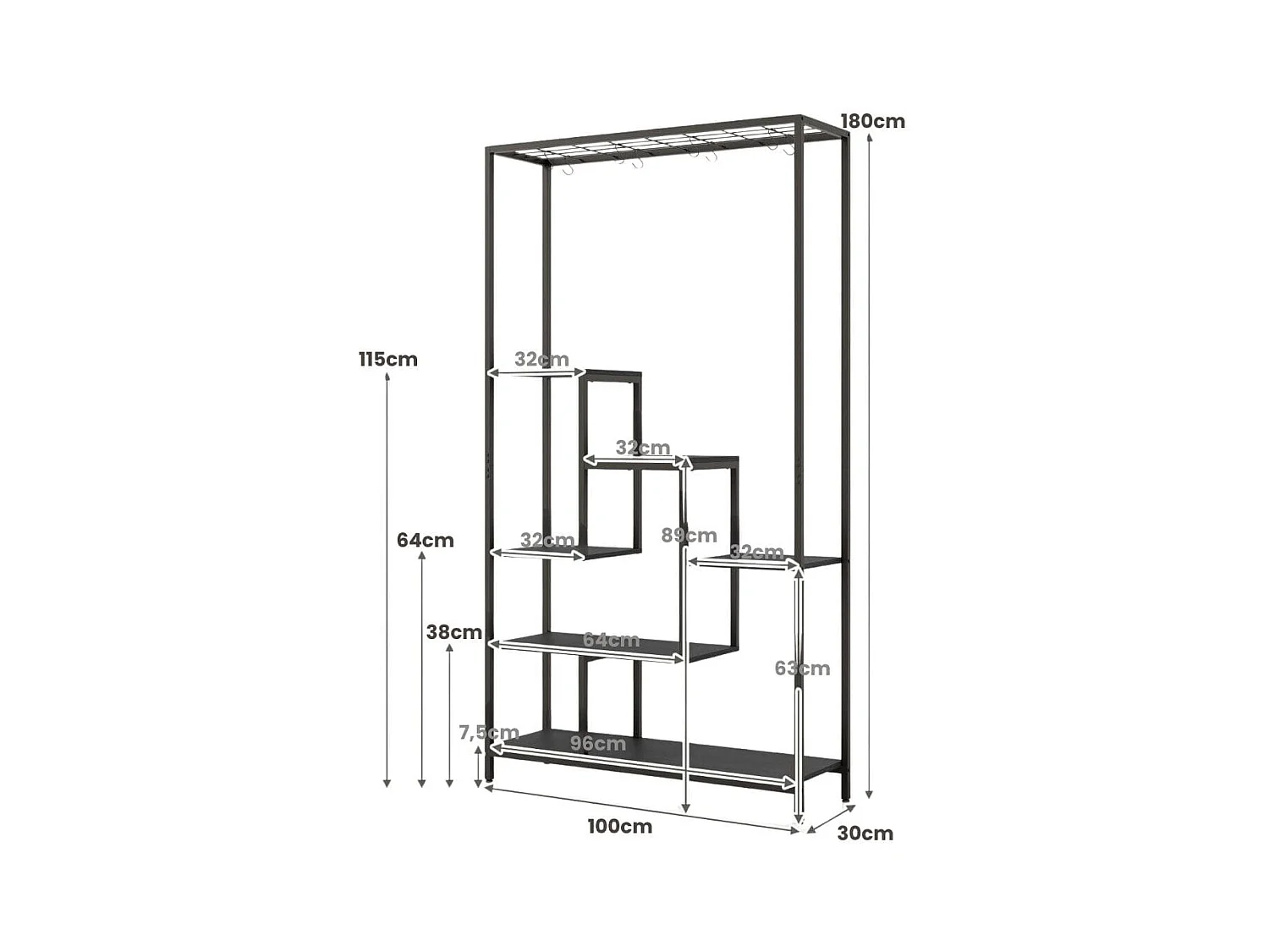 Scaffale per piante 180cm a 6 livelli con 10 ganci e ripiani per piante, Scaffale porta piante in metallo Nero