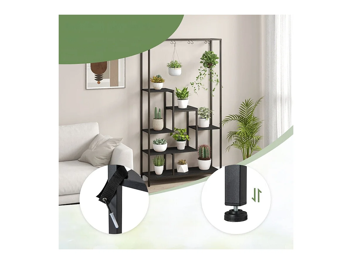 Scaffale per piante 180cm a 6 livelli con 10 ganci e ripiani per piante, Scaffale porta piante in metallo Nero