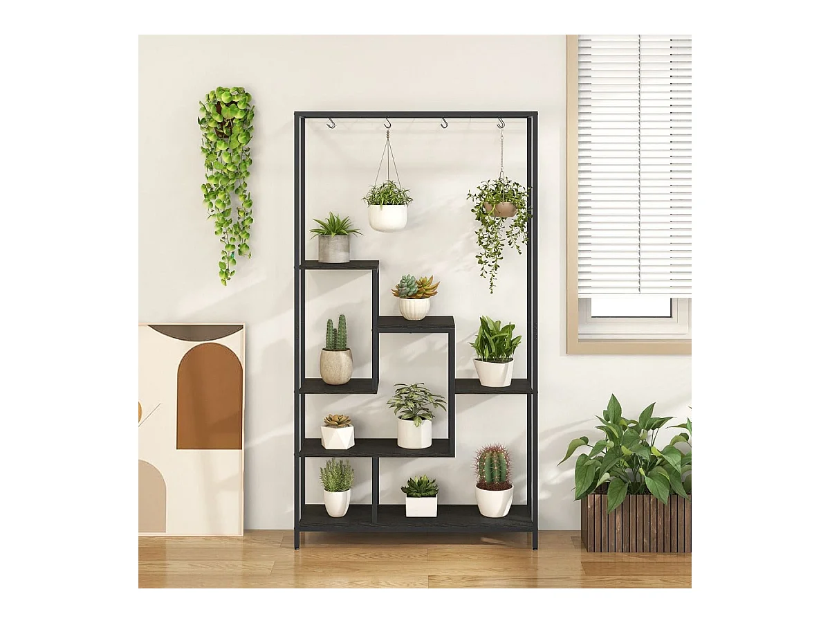 Scaffale per piante 180cm a 6 livelli con 10 ganci e ripiani per piante, Scaffale porta piante in metallo Nero
