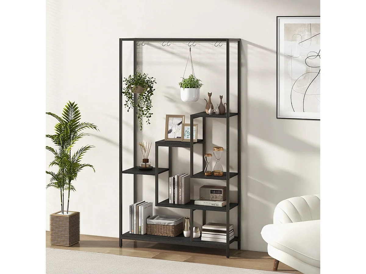 Support pour Plantes à 6 Niveaux Étagère pour Plantes d'Intérieur en Métal 10 Crochets de Suspension Étagère Métallique Présentoir Noir