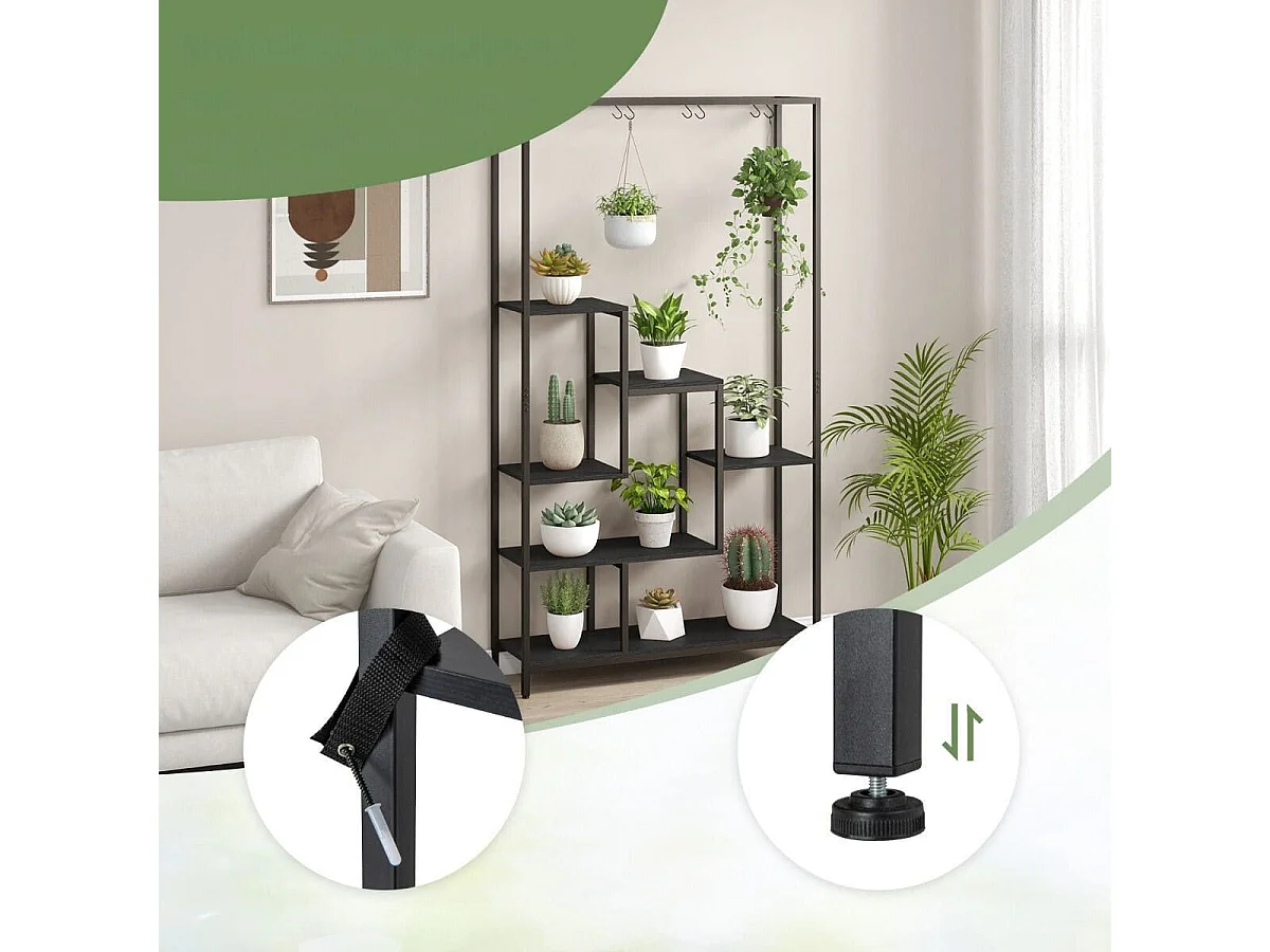 Support pour Plantes à 6 Niveaux Étagère pour Plantes d'Intérieur en Métal 10 Crochets de Suspension Étagère Métallique Présentoir Noir