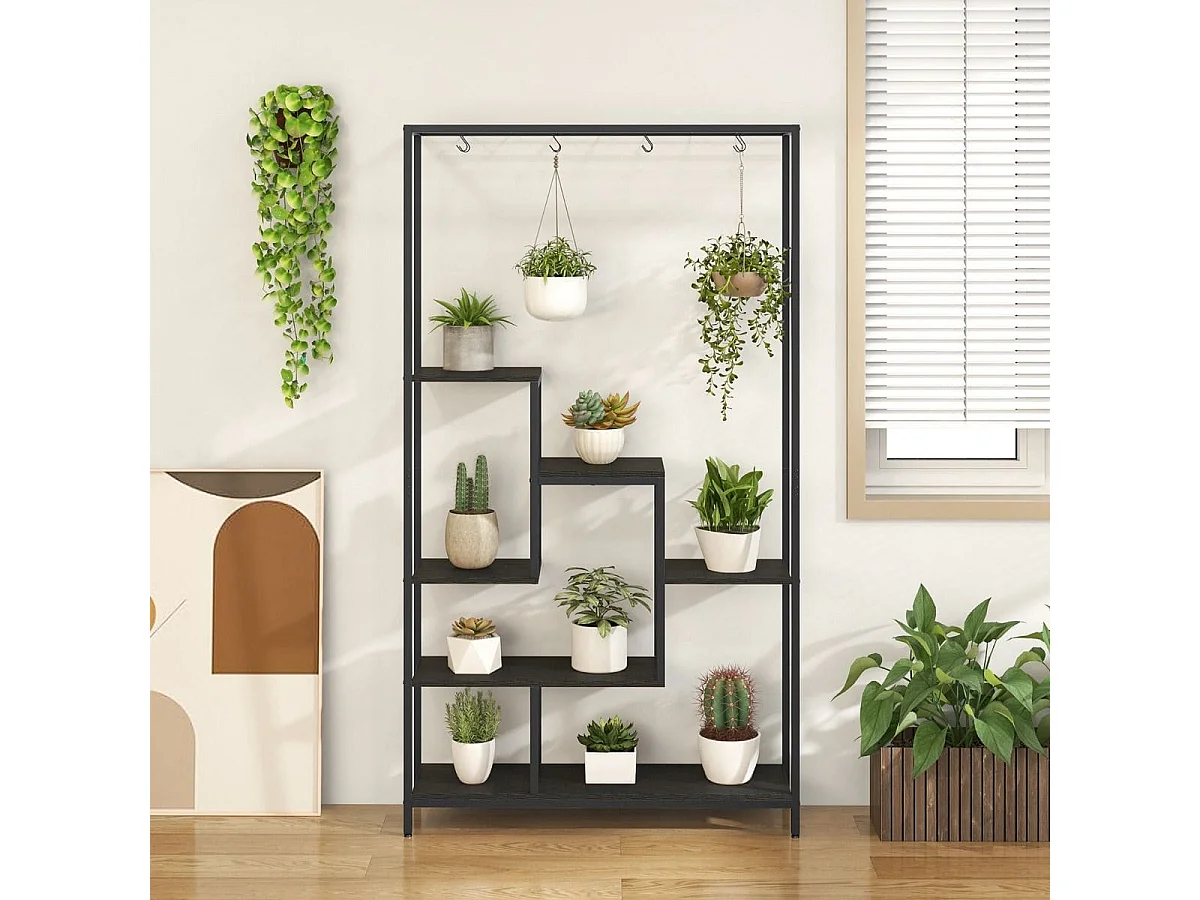 Support pour Plantes à 6 Niveaux Étagère pour Plantes d'Intérieur en Métal 10 Crochets de Suspension Étagère Métallique Présentoir Noir