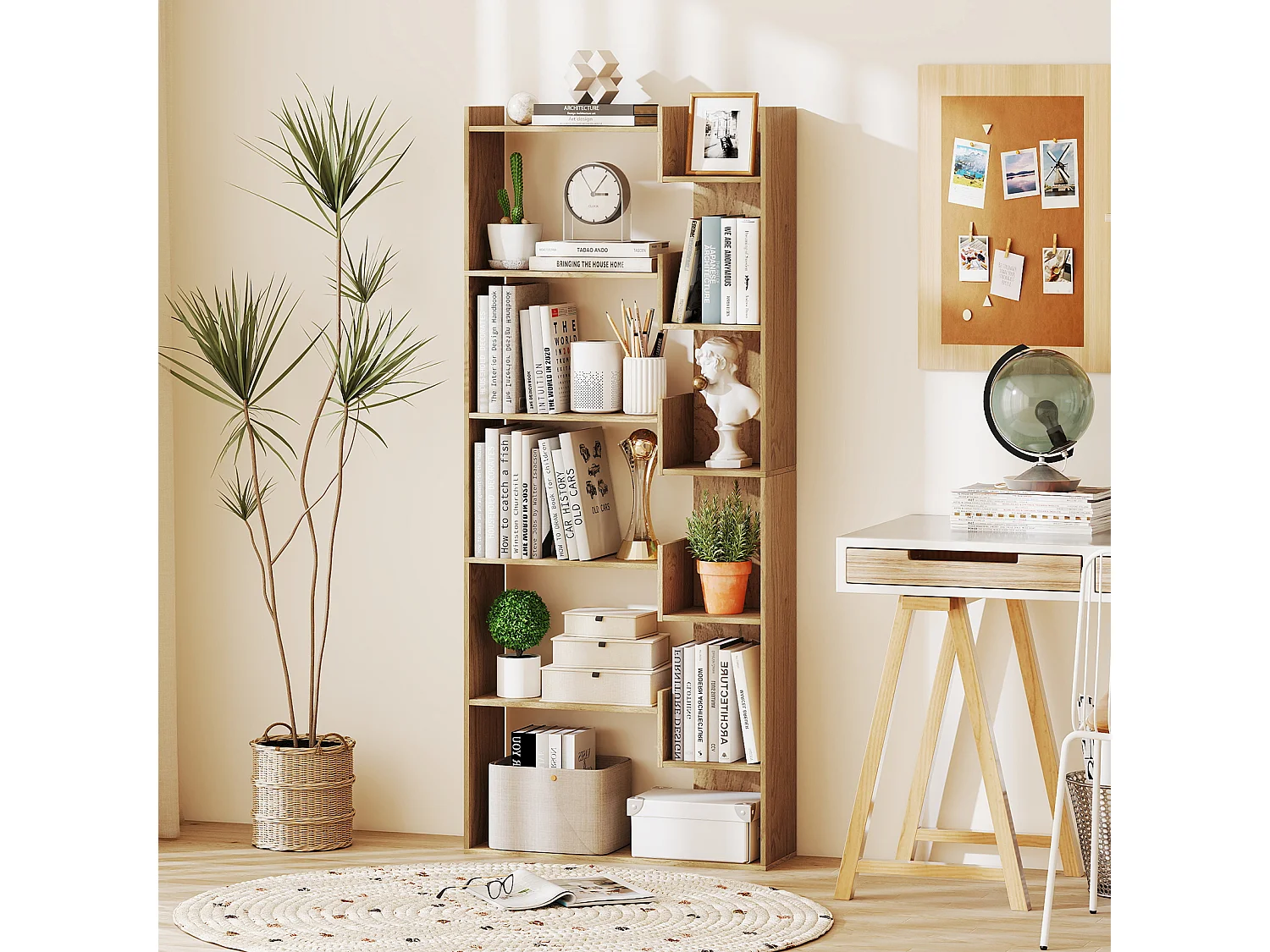 Bibliothèque 6 Niveaux Étagère en Bois avec 2 Kits Anti-bascule 11 Étagères Ouvertes Patins Pratiques Meuble de Rangement Décorative Naturel