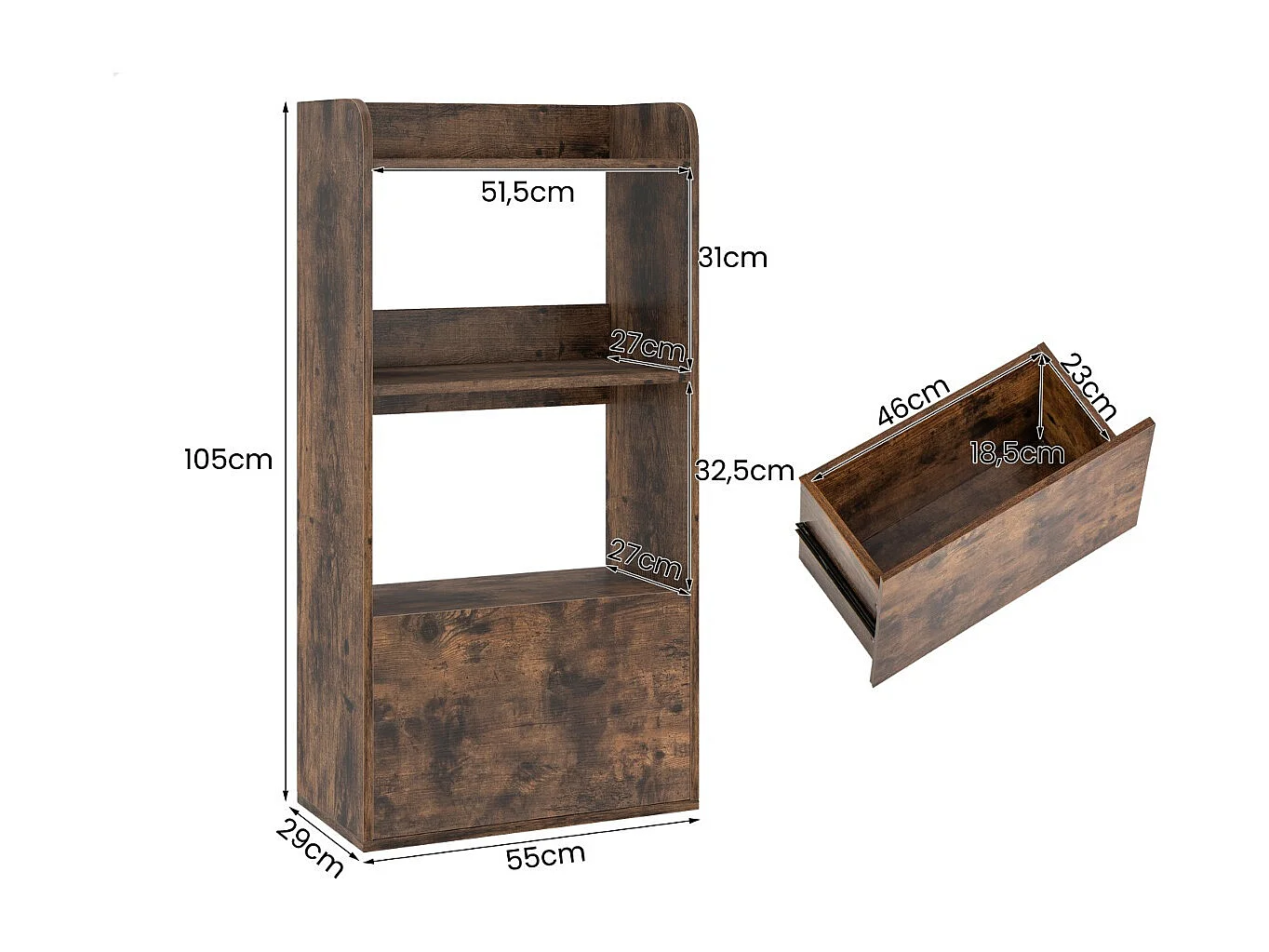 Bücherregal mit Schublade Standregal mit 2 Fächern Büroregal aus Holz 55 x 29 x 105 cm Rustikales Braun