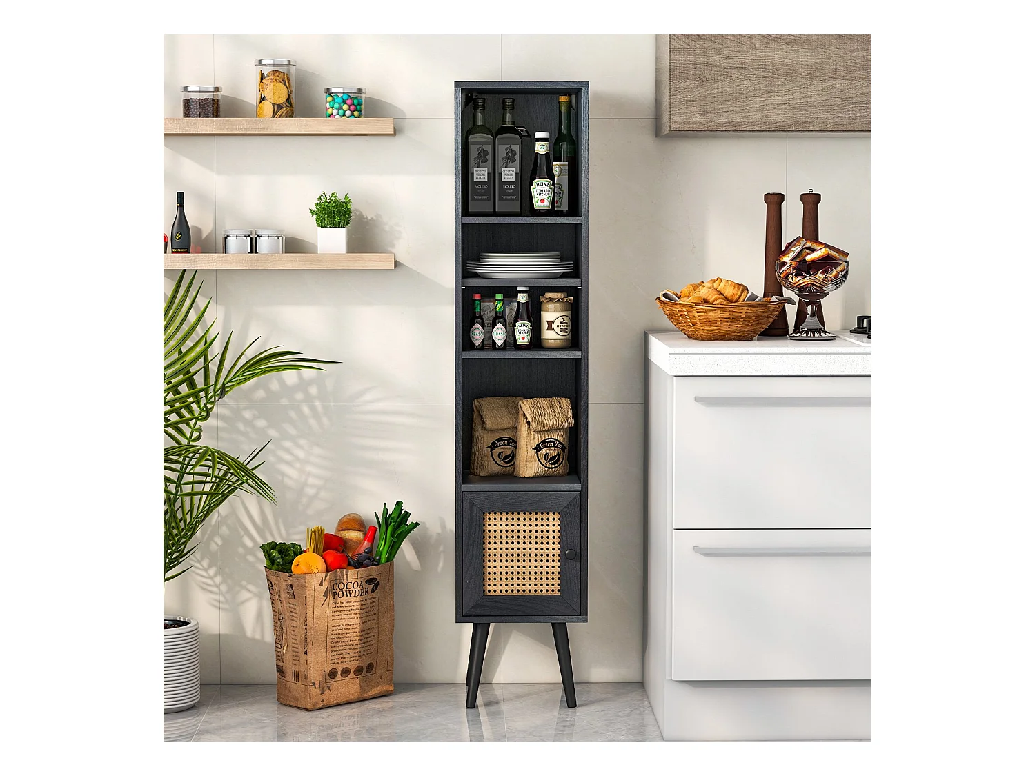 Meuble Colonne de Rangement avec Porte Rotin et Pieds en Bois Massif Meuble de Salle de Bain Étagère Réglable 29,5x29,5x137cm Noir