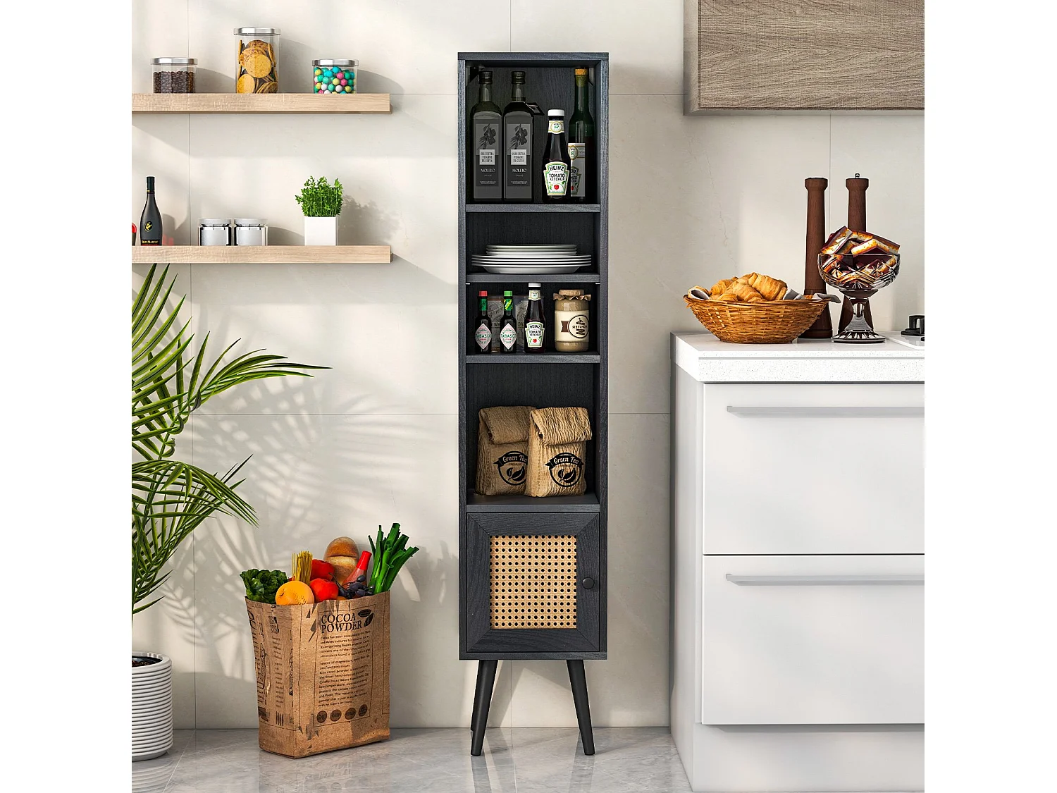 Meuble Colonne de Rangement avec Porte Rotin et Pieds en Bois Massif Meuble de Salle de Bain Étagère Réglable 29,5x29,5x137cm Noir