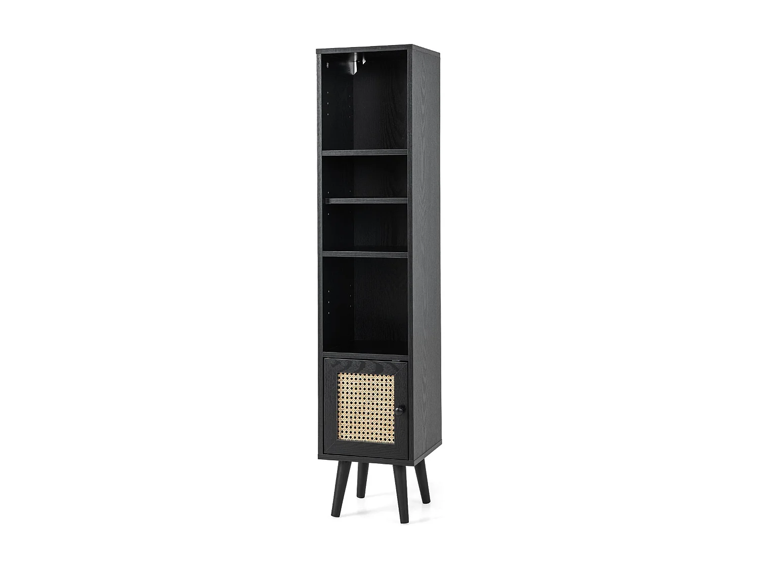 Meuble Colonne de Rangement avec Porte Rotin et Pieds en Bois Massif Meuble de Salle de Bain Étagère Réglable 29,5x29,5x137cm Noir