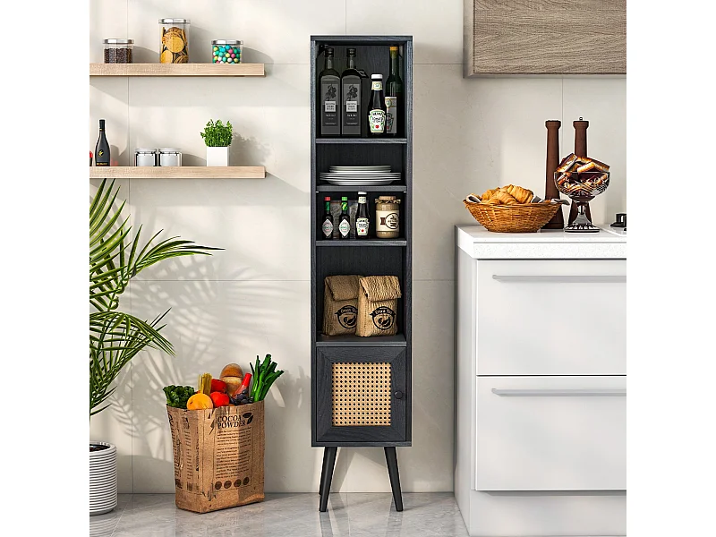 Meuble Colonne de Rangement avec Porte Rotin et Pieds en Bois Massif Meuble de Salle de Bain Étagère Réglable 29,5x29,5x137cm Noir