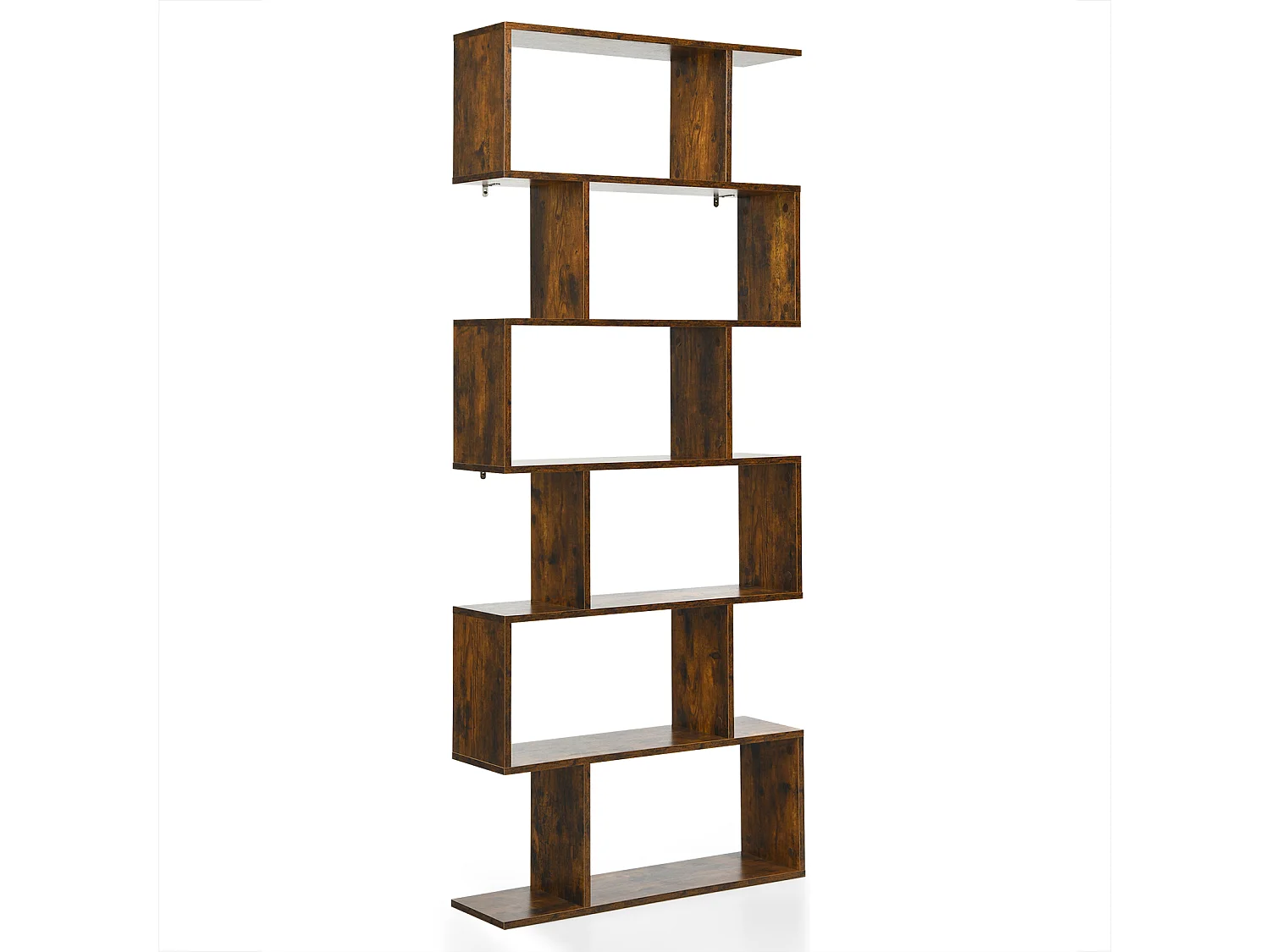 Libreria a 6 livelli a forma di S con dispositivo antiribaltamento, Scaffale di legno per casa e ufficio Caffè