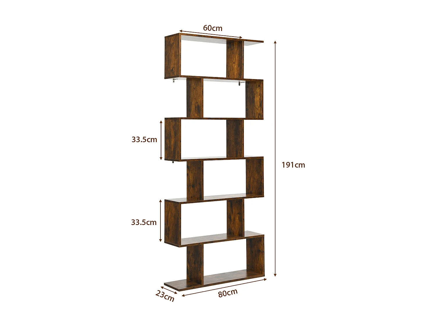 Libreria a 6 livelli a forma di S con dispositivo antiribaltamento, Scaffale di legno per casa e ufficio Caffè
