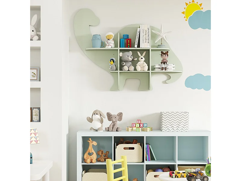 Kinder Wand Bücherregal mit 2 Ablage & 6 Offene Fächern Holz Dinosaurier Kinderregal