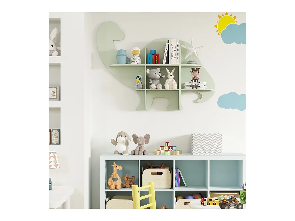 Kinder Wand Bücherregal mit 2 Ablage & 6 Offene Fächern Holz Dinosaurier Kinderregal