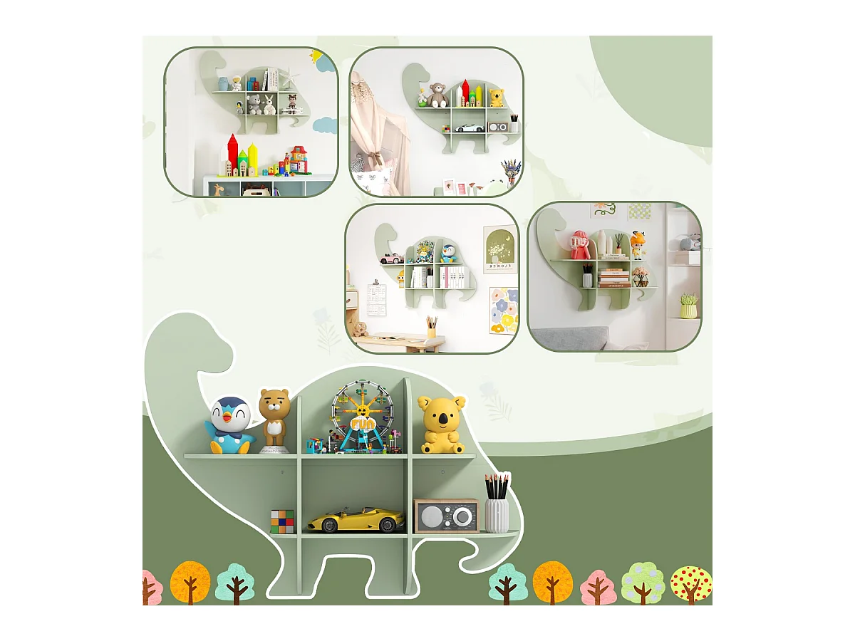 Kinder Wand Bücherregal mit 2 Ablage & 6 Offene Fächern Holz Dinosaurier Kinderregal