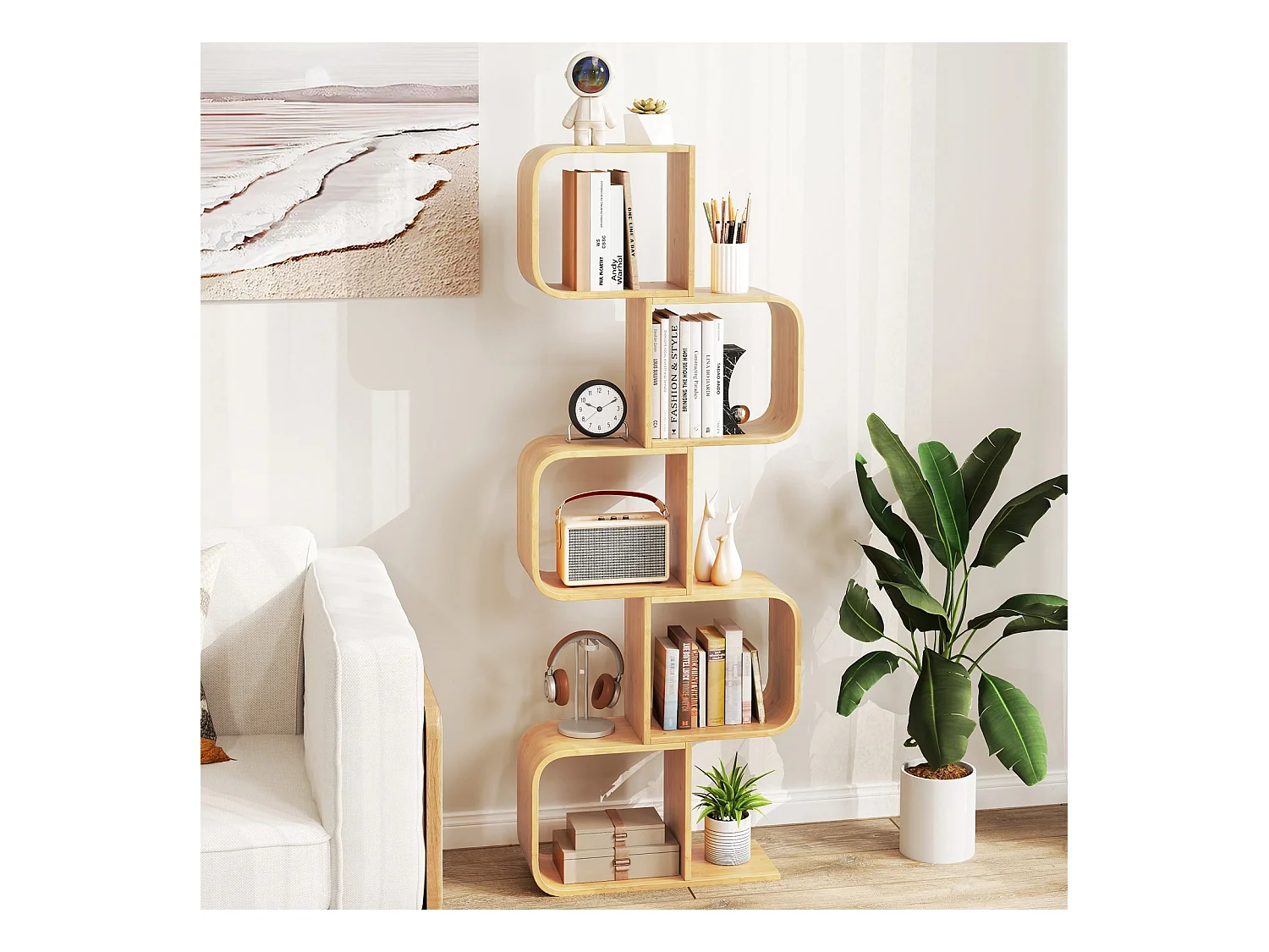 Libreria a S in bambù Scaffale in piedi a 5 livelli Scaffale a cubo Scaffale per ufficio Naturale