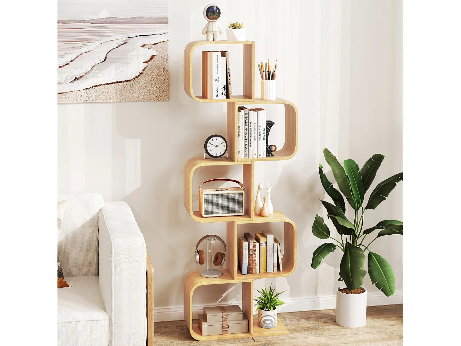 Libreria a S in bambù Scaffale in piedi a 5 livelli Scaffale a cubo Scaffale per ufficio Naturale