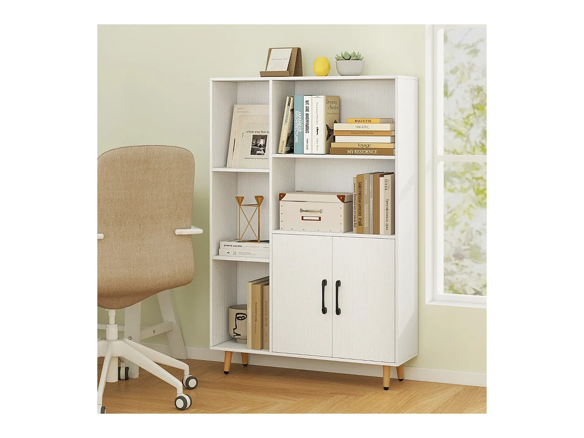 Bücherschrank Weiß Bücherregal mit Türen und offenes Fächern 80 x 23,5 x 119 cm