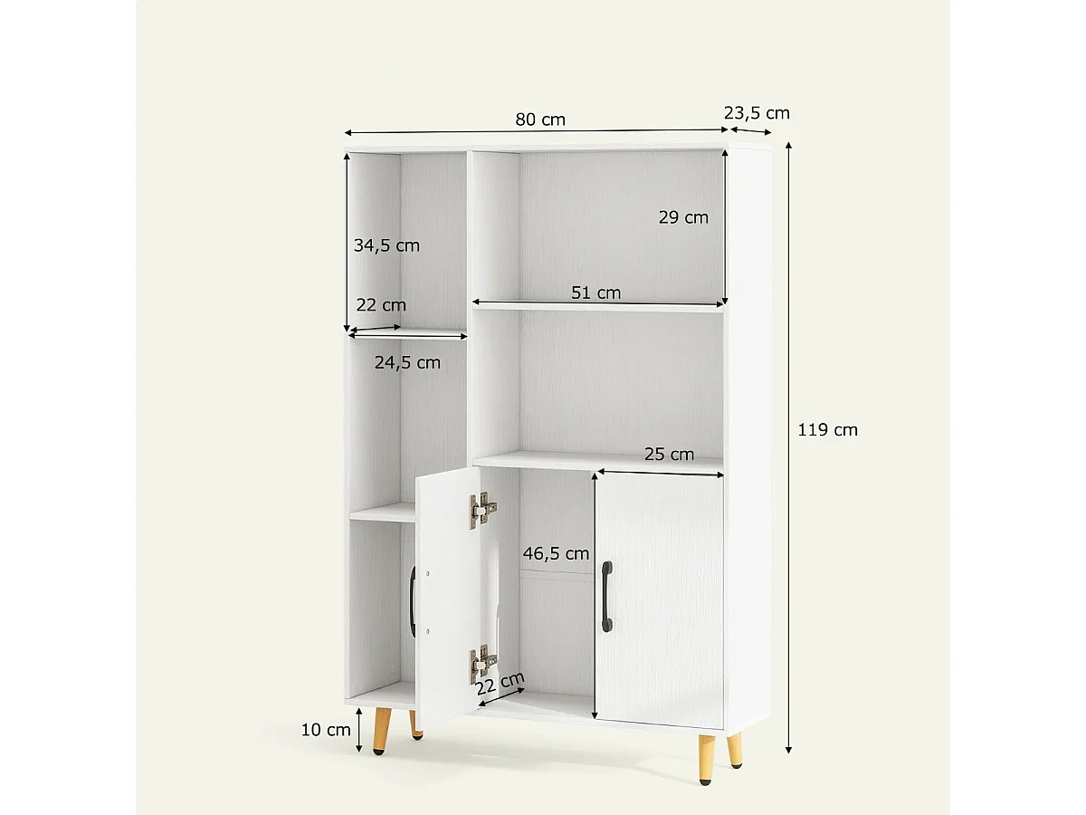 Bücherschrank Weiß Bücherregal mit Türen und offenes Fächern 80 x 23,5 x 119 cm