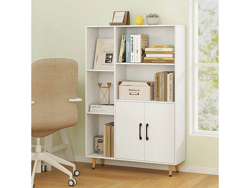 Bibliothèque avec Portes Doubles et 5 Compartiments Ouverts et Armoire de Rangement Vitrine Moderne avec Pieds En Métal Rangement Blanc