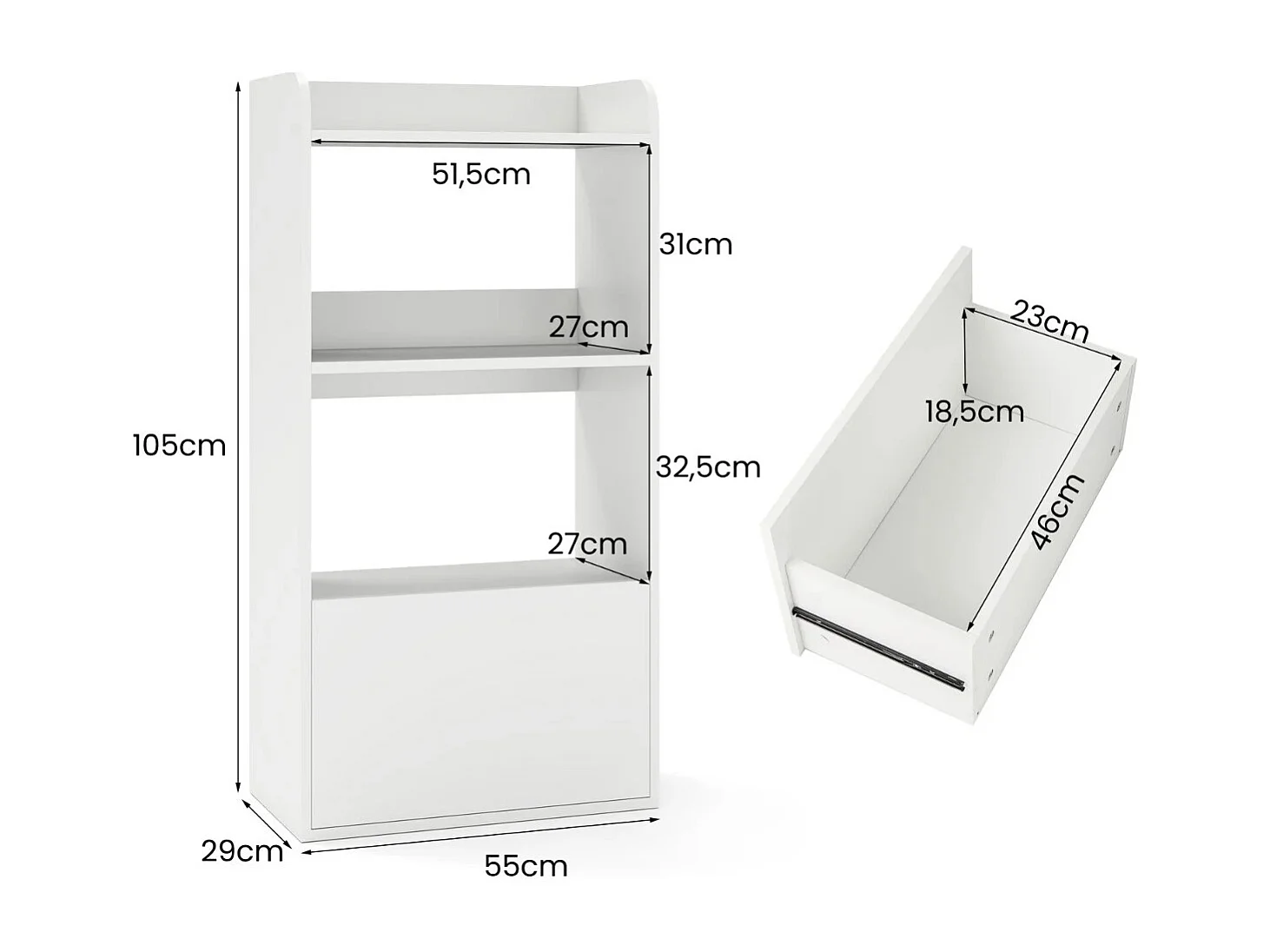 Scaffale per esposizione con cassetto e antiribaltamento, Libreria autoportante con 3 ripiani aperti Bianco