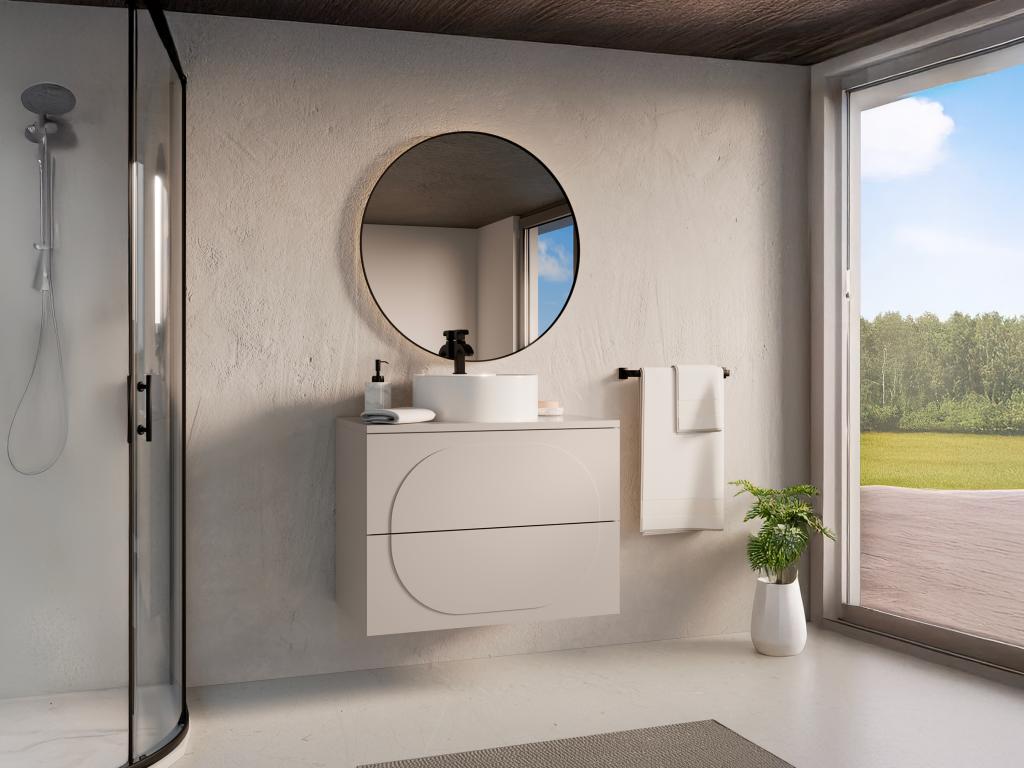 Badmöbel Hängeschrank + Aufsatzwaschbecken rund - Beige - 80 cm - VUTOMA günstig online kaufen
