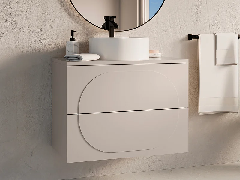 Mueble de baño suspendido con lavabo sobre encimera redondo - Beige - 80 cm - VUTOMA