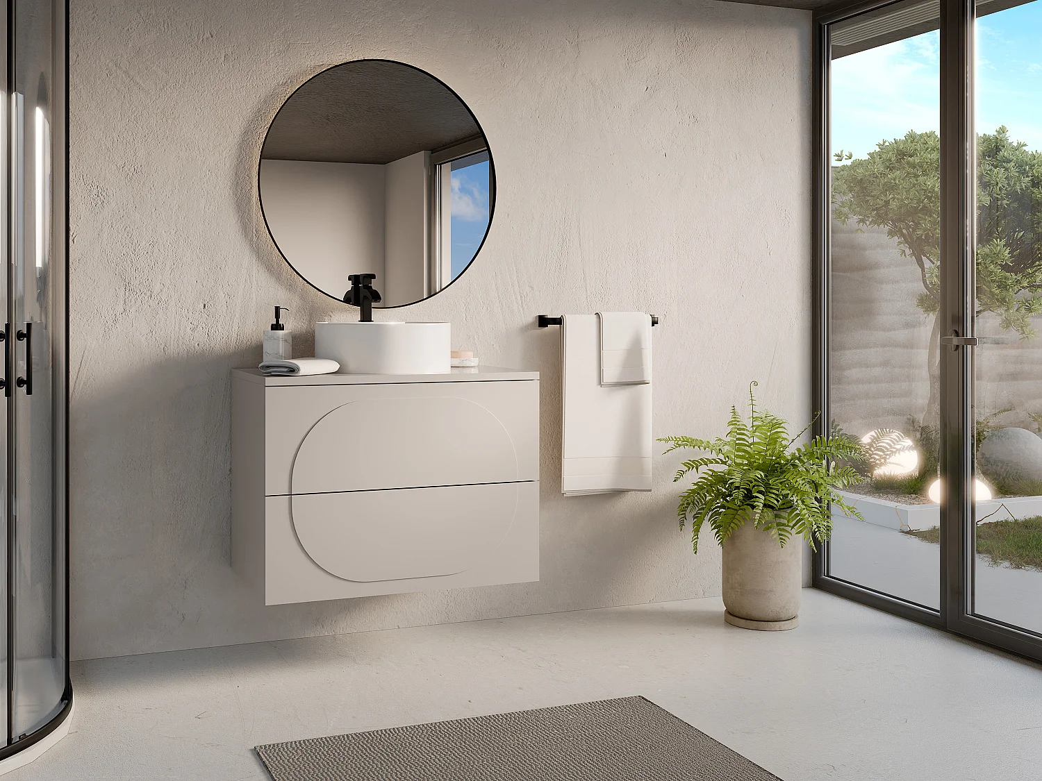 Meuble de salle de bain suspendu avec vasque à poser ronde - Beige - 80 cm - VUTOMA