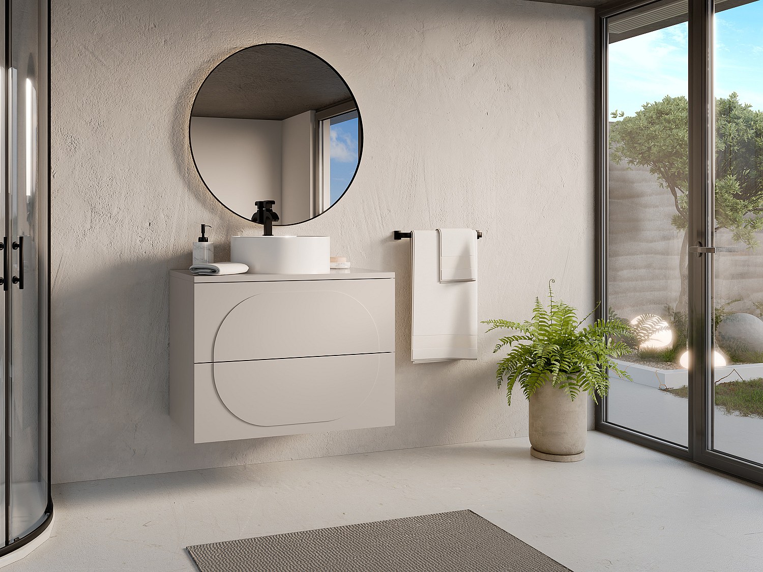 Badmöbel Hängeschrank + Aufsatzwaschbecken rund - Beige - 80 cm - VUTOMA günstig online kaufen