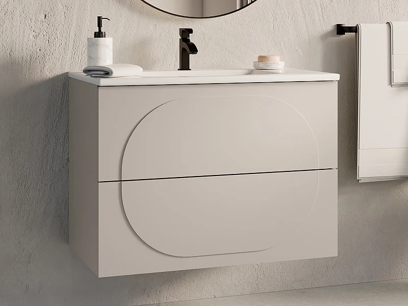 Upphängt badrumsskåp med infälld handfat - Beige - 80 cm - VUTOMA