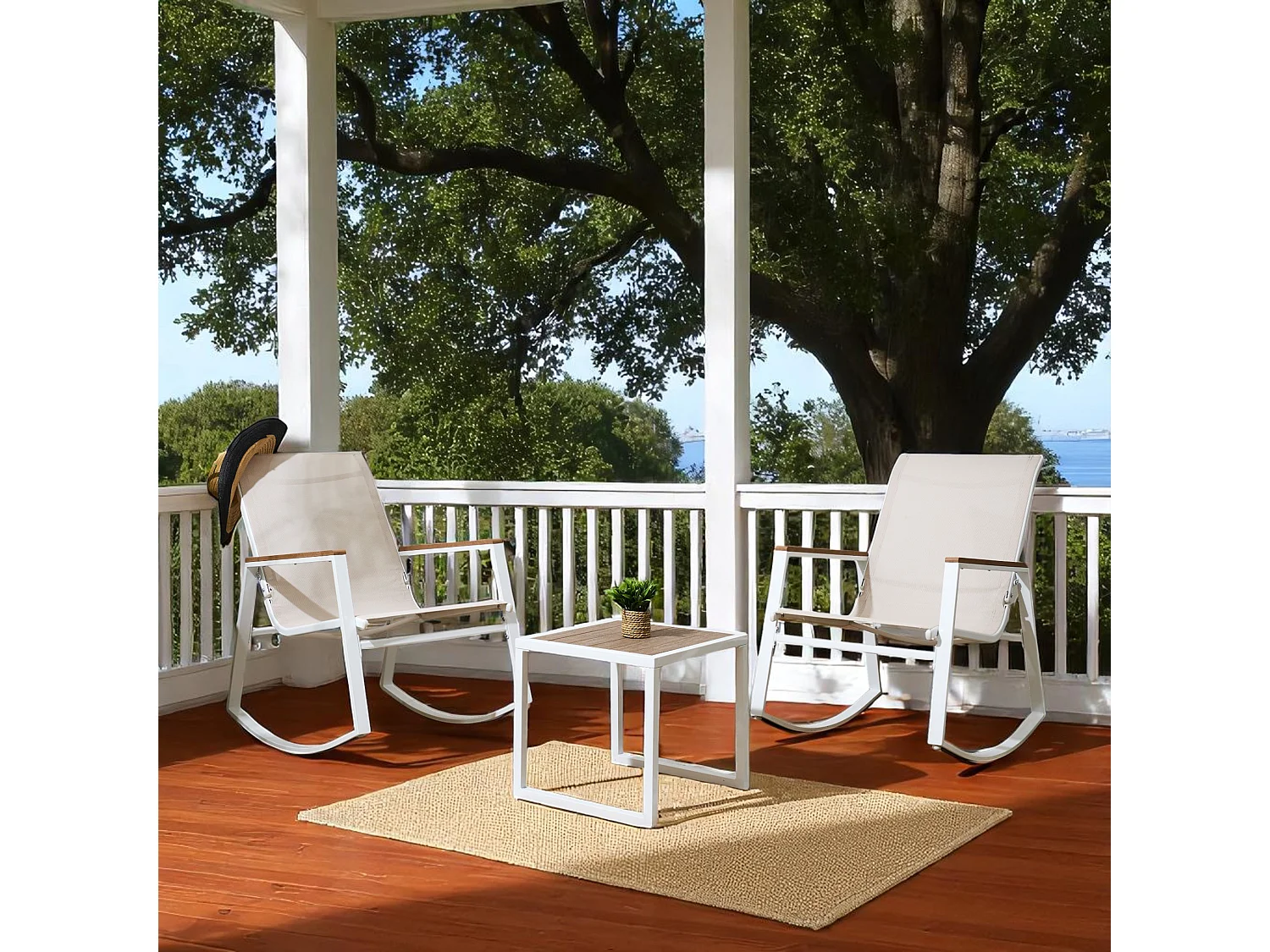 Salon de jardin 2 places – 2 fauteuils à bascule + table basse – Résine tressée – Capri