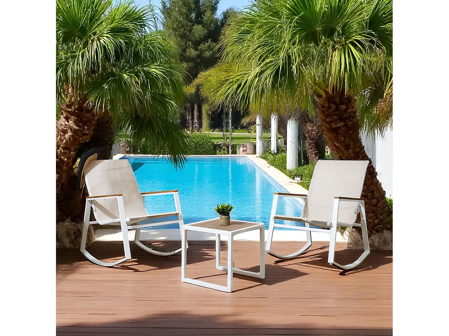 Salon de jardin 2 places – 2 fauteuils à bascule + table basse – Résine tressée – Capri