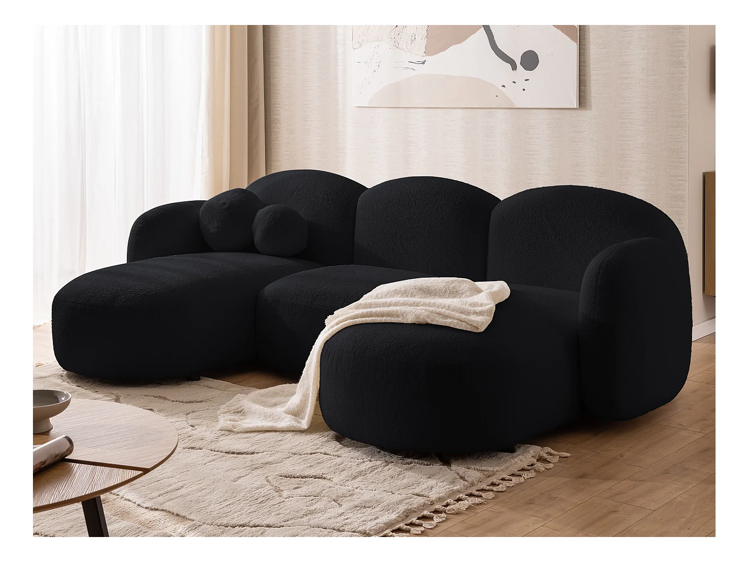 Nuvola - Moderne Wohnlandschaft aus Schwarz Bouclé mit abgerundetem Design und hohem Sitzkomfort