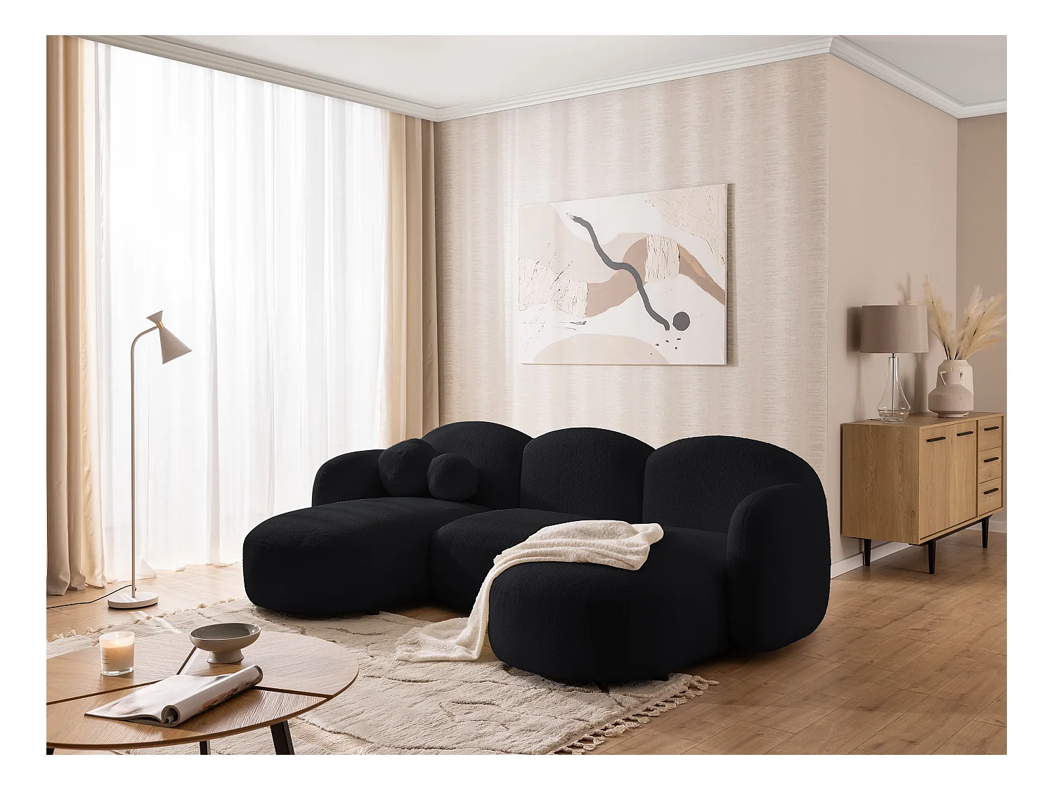 Nuvola - Moderne Wohnlandschaft aus Schwarz Bouclé mit abgerundetem Design und hohem Sitzkomfort