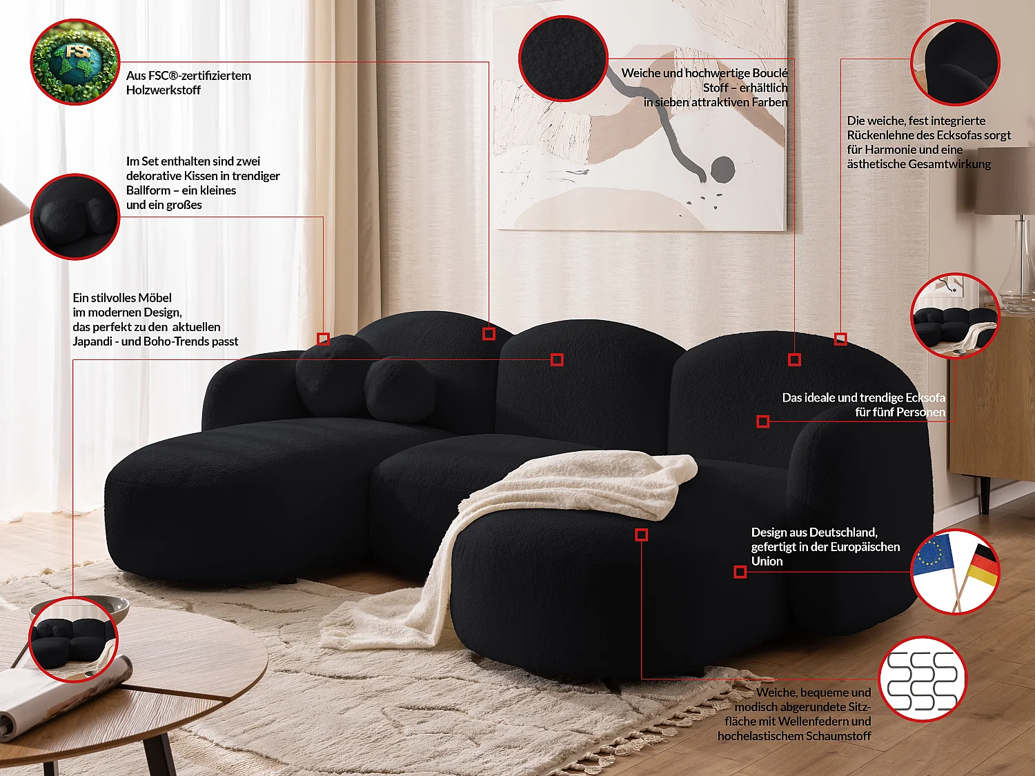 Nuvola - Moderne Wohnlandschaft aus Schwarz Bouclé mit abgerundetem Design und hohem Sitzkomfort