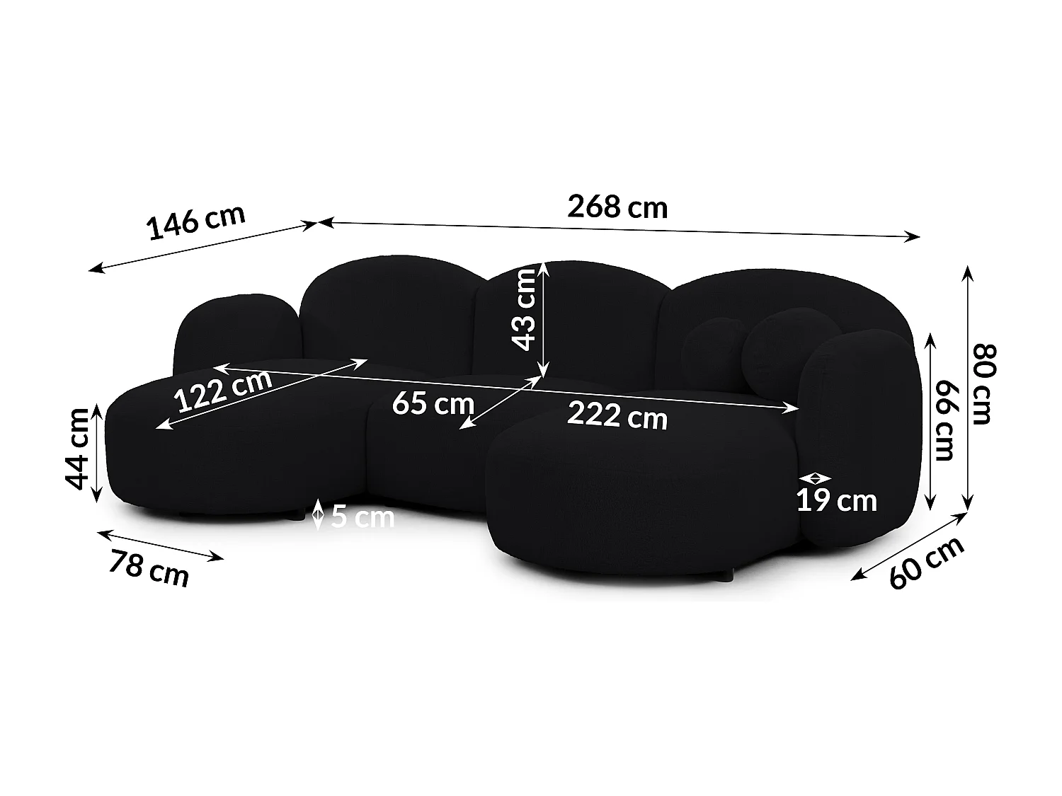 Nuvola - Moderne Wohnlandschaft aus Schwarz Bouclé mit abgerundetem Design und hohem Sitzkomfort