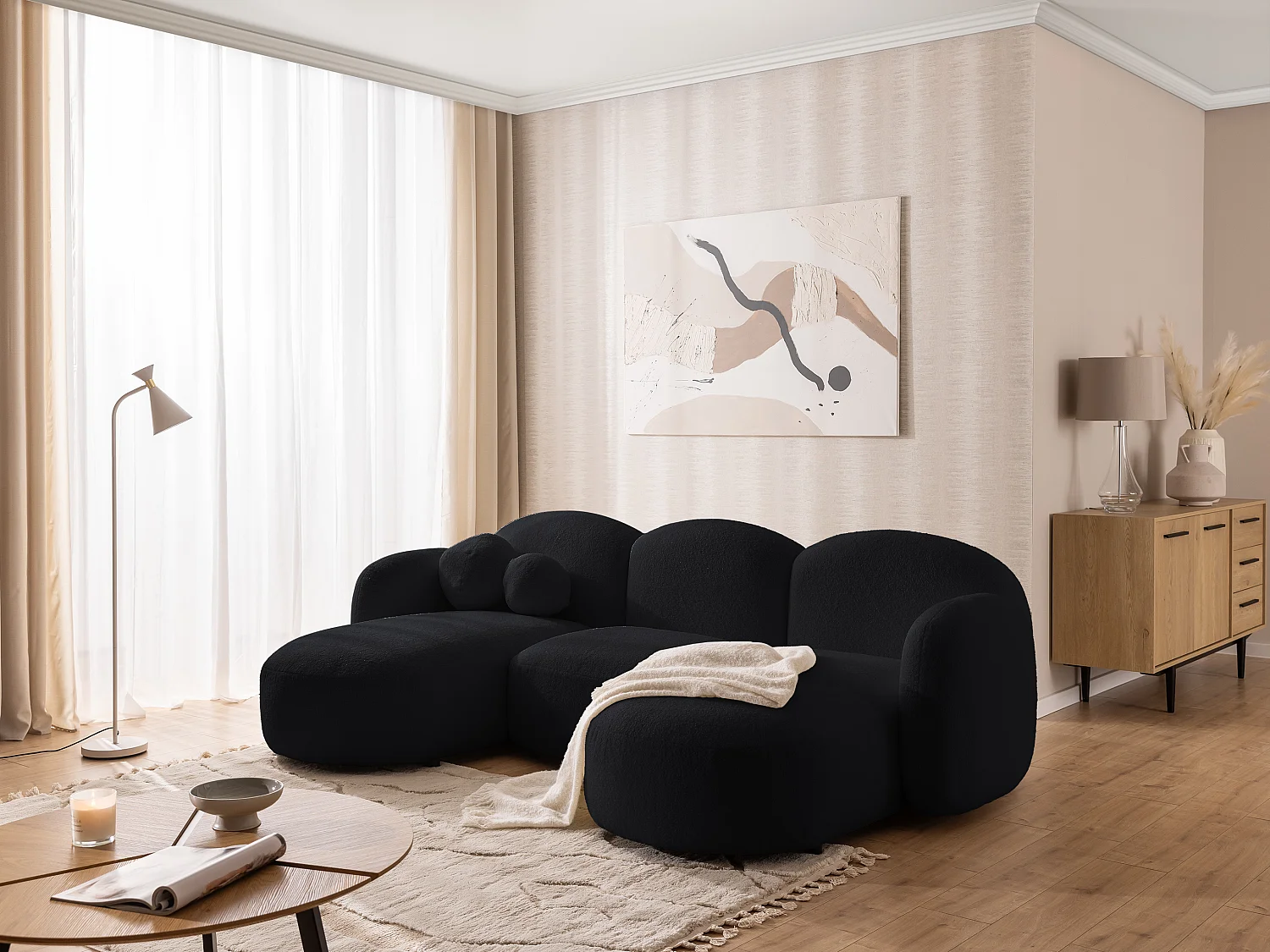 Nuvola - Moderne Wohnlandschaft aus Schwarz Bouclé mit abgerundetem Design und hohem Sitzkomfort